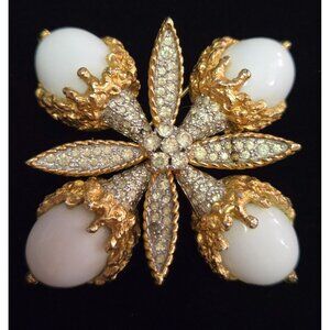 Rare Vintage Jomaz Maltese Cross Milk Glass & Rhinestone Goldtone Brooch